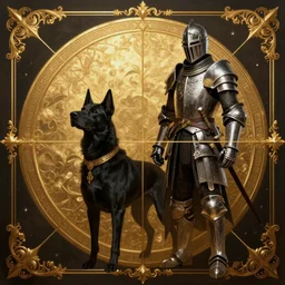 black dog and the Knight, Dark Souls 3 themed, insanely detailed and intricate, golden ratio, elegant, ornate, luxury, elite, ominous, haunting, matte painting, cinematic, cgsociety, James jean, Brian froud, ross tran, Laputa