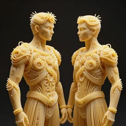 siamese twins made of spaghetti, intricate and elegant armor made of fractals of spagetthi, details made of meatballs, by giuseppe arcimboldo and ambrosius benson, renaissance, intricate and intense oil paint, a touch of beksinski, realistic