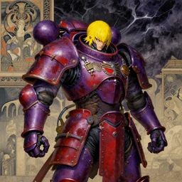 composition with beatiful mainem of gothic and futuristic, warhammer, cyber japan samurai armor, scars, more details, storm, yellow head, purple and red, the middle ages, highly detailed, artstation, in the style of moebius, jugendstil and classic japanese print, art by jean delville and rene magritte