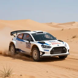 a rally racing car going downhill in a desert environment