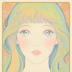 a girl with huge shiny silver eyes, colored woodcut, poster art, by Mackintosh, art noveau, by Ernst Haeckel, bright pastel colors