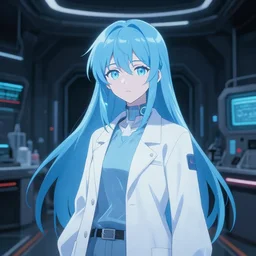 in the style of 8 0's anime : : idealistic art : : pale hologram science girl researcher blue hair : : dark futuristic lab background interior