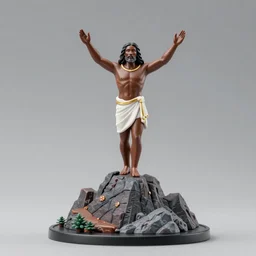 accurate detailed pvc, figurine of black jesus standing on a mountain!!! figurine!!!, studio lighting, grey background, no shadow, trending on artstation, 4 k, highly detailed!!!