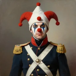 a hyper realistic painting of an austrian soldier from 1 8 0 6 wearing a clown hat, ultra detail, realistic.