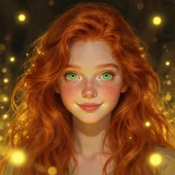photorealistic portrait of a red haired girl among wonderful golden light fireflies, with a round beautiful face, amazed soft smile, long hair, green eyes, hint of freckles, golden ratio, intricate details, colorful, elegant, digital painting, smooth, sharp focus, illustration, ultra realistic, 8 k, artt by sakimichan