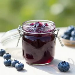 a jar of blueberry jam on a table outside, bright daylight, depth of field