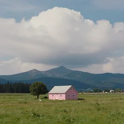still frame from a wes anderson movie of a meadow with a small pink farm house and mountains, massive clouds, 1 6 mm f 1. 4 lens, nikkor, canon, sigma, award - winning landscape photography