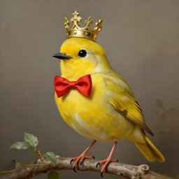 an elegant yellow bird!!! wearing a crown and a red bow tie, painting in the style of Fragonard, very very beautiful, high quality, detailed, 4k