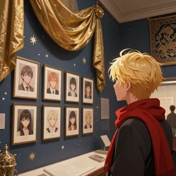 museum curator with golden hair and a red scarf looking at image portraits on museum walls with stars and hanging silk drapery and tapestries, light dust, magnificent, close up, sharp focus, elegant, highly detailed, illustration, by jordan grimmer greg rutkowski wlop maya takamura, intricate, trending artstation, pixiv, digital art