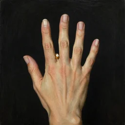 structure of one lady's hand with cigarette on black background. Five thumbs. Painting 1882