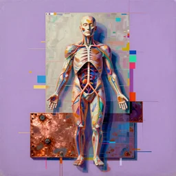 a beautiful glitched geometric painting by robert proch and emilio pettoruti of an anatomy structure study of the human nervous system on top of rectangle shapes, color bleeding, pixel sorting, copper oxide and rust materials, brushstrokes by jeremy mann, dramatic lighting, pastel purple background