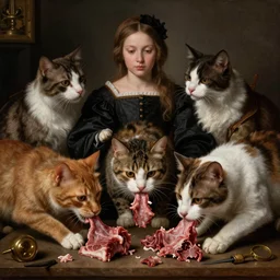 renaissance painting cats eating human flesh with dogs as servants
