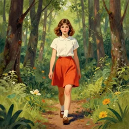 centre portrait of a girl walking through forest!!, dear, symmetry, retro 8 0 s style, colourful, accurate, realistic illustration, art by peter elson