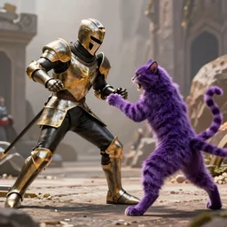 black and gold knight fighting purple wildcat, honorable, cinematic, sharp