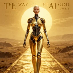 the way of the ai god movie poster, golden roads by haza hadid, female cyborg, artstation, designed by shepard fairey and ashley woods