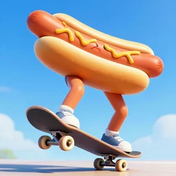 full shot of a human sized hotdog with arms and legs doing a trick on a skateboard, digital art, vibrant colours, blue sky, detailed lighting