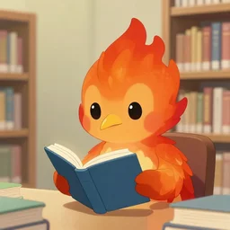 a cute firebirdy reading a book in a library #anime