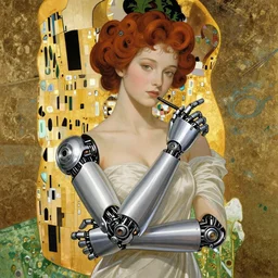 a highly detailed anime woman with cyborg arms drawn by alphonse mucha and background by gustav klimt 8k