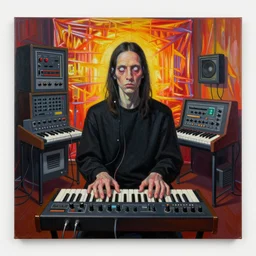 room with synthesizers connected to the person through wires, black clothes, white eyes, grotesque, doomed, acrylic paint, high resolution gouache on canvas, ugly vibrant colors, grotesque, wrapped thermal background, art francis bacon