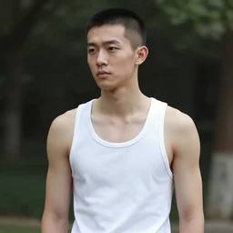 chinese boy with buzz cut wearing white tank top