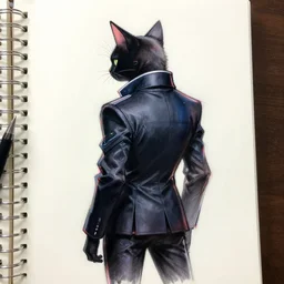 cyberpunk cat in suit sketch back view