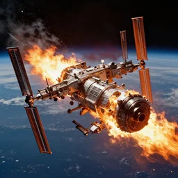 space station burning in strathosphere in high speed, epic still, movie,