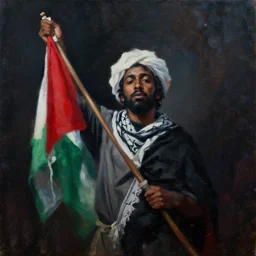 dramatic dark oil painting of freedom for palestine, red green white black