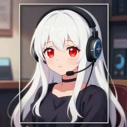 anime visual of a cute girl, with + ( ( red eyes ) ) + long white hair + ( ( wearing a headset in her room interior ) ), poster by ilya kuvshinov, paprika, psycho pass