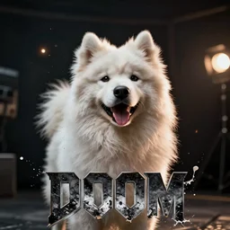 Portrait of a happy samoyed in DOOM, splash art, movie still, cinematic lighting, dramatic,  octane render, long lens, shallow depth of field, bokeh, anamorphic lens flare, 8k, hyper detailed, 35mm film grain