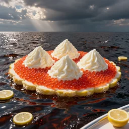 an island made of red caviar, in the center of this island there are several long hills made of white ice cream, the water around this island is made of coca - cola ( dark brown water ), the photo was taken from a boat, lemon slices float on the water, by thomas kinkade