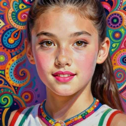 a close up of beautiful cheerleader girl with pink lipstick wearing a multicoloured necklace surrounded by colourful intricate patterns, by caravaggio and michael whelan, intricate painting, hyper realistic, extremely detailed and beautiful aesthetic face, 8 k resolution