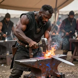 a muscular dwarf blacksmith, wearing blacksmith clothing!!!!!!!, swinging hammer down forging a sword on an iron anvil, cinematic, epic, medieval, renaissance festival, realistic, by greg rutkowski, craig mullins, jeff easley, archvillain, titanforge, blizzard, hearthstone, mtg, wotc, tabletop miniatures