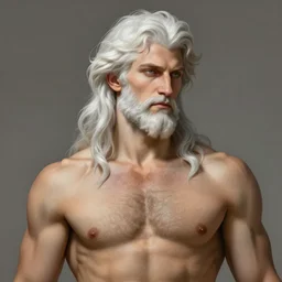 half body portrait of rugged zeus, greek god, 4 0 years old, handsome, white hair, soft hair, upper body, muscular, hairy torso, fantasy, intricate, elegant, highly detailed, digital painting, artstation, concept art, smooth, sharp focus, illustration, art by artgerm and greg rutkowski and alphonse mucha