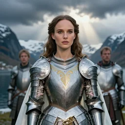 wizard, norway fjord, natalie portman, hudson river school, max rive, full plate armor, f 1 6, bokeh, gentle, female, snowy mountain, storm clouds, god rays, close up portrait, d & d, fantasy, elegant, teal pink white gold color palette, concept art, roger deakins and greg rutkowski and alphonse mucha