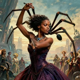 realistic detailed closeup portrait movie shot of a beautiful black woman dancing with a giant spider, futuristic sci fi landscape background by denis villeneuve, jean deville, amano, yves tanguy, ernst haeckel, alphonse mucha, max ernst, caravaggio, roger dean, sci - fi necklace, fashion, masterpiece, rich moody colours