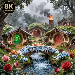 festival at medieval hobbit village, ornate, beautiful, atmosphere, vibe, mist, smoke, fire, chimney, rain, wet, pristine, puddles, waterfall, melting, dripping, snow, creek, lush, ice, bridge, stew, loaves, green, stained glass, forest, roses, flowers, color page, 4 k, contest winner