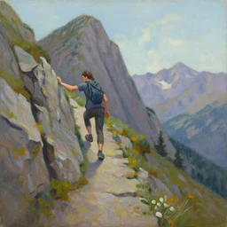 Time to climb the mountain path, an expressive oil painting by Ross Tran, John Harris, Krenz Cushart, trending on Artstation