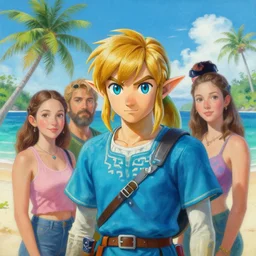 portrait of link from zelda on vacation on caribbean island. intricate painting by ross tran, magali villeneuve, and jeremy mann.