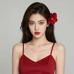 sexy girl with green eyes, flower in her hair, wearing a camisole, red and black color palette, in the style of and ilya kuvshinov and greg rutkowski, high quality anime artstyle, intricate
