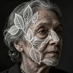 a 8 0 year old woman's face in profile, made of intricate decorative lace leaf skeleton, in the style of the dutch masters and gregory crewdson, dark and moody, depth of field