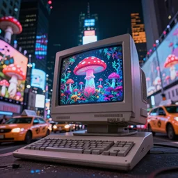 A low angle shot of a decaying vintage computer, with a psychedelic mushroom on the screen, in a post apocalyptic Times square New York City, mushrooms on every screen, a yellow taxi, at night, unreal 5, DAZ, hyperrealistic, octane render, RPG portrait, dynamic lighting