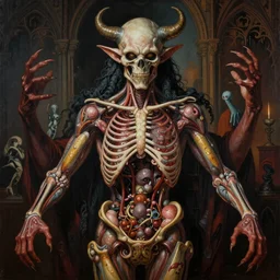 Doom themed painting of symmetrical torso demon dissection anatomy with extended evil hands concept, intricate artwork by H.R. Giger, Johnatan Wayshak, Zdizslaw Beksinski, Ayami Kojima, Amano, Karol Bak, Moebius, and Mark Brooks, Neo-Gothic, gothic, rich deep colors, art by Takato Yamamoto, masterpiece, face by Artgerm, very coherent artwork, cinematic, hyper realism, high detail, octane render, unreal engine, 8k, High contrast, golden ratio, trending on cgsociety