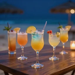5 5 mm photo of best cocktail on a wooden table at a beach at night. dof. bokeh. magical atmosphere. art by greg rutkowski. highly detailed 8 k. intricate. lifelike. soft light. nikon d 8 5 0.