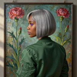 black woman, french bob!!! hairstyle, light grey!!! hair colour, purple eyes, wearing dark green bomber jacket, by gustave dore. back glass painting, carnation, encaustic painting, b - roll, establishing shot, dappled light, crime scene photography, 8 k, vray, unreal engine, blender cycles, colorful