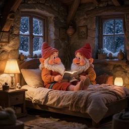 beautiful dwarf woman on her cozy lamp lit bedroom at night, snowstorm outside through windows, stone dwarven house, beautiful scene, intricate, detailed, warm light, confortable atmosphere, high quality, by donato giancola and ralph horsley, cute, chubby