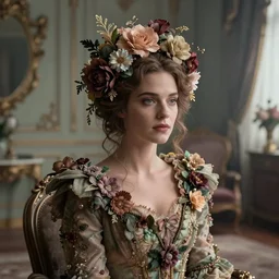 cinestill 5 0 d photography of a dystopian beautiful woman britt marling style by paolo roversi sitting in a vittorian room, hair and dress are intricate ornamental flowers, mistyscenic dystopian environment, elegant, highly detailed, soft blur, artstation, sharp focus, head in focus, tonal matt colors