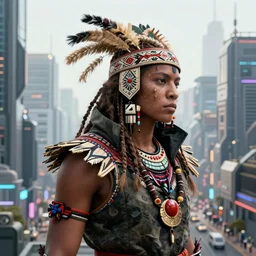bounty hunter cyberpunk in tribal regalia, closeup skyline cyberpunk buildings and streets, an idea seep's into infinity highly detailed in volumetric latent space, golden turquoise, cinematic light, sharp focus, divine realm of gods, octane render,