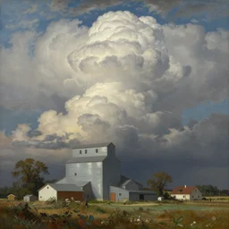 dramatic cumulonimbus clouds behind a grain elevator, idyllic, pastoral, nc wyeth, frederick remington, jeffrey smith, magritte