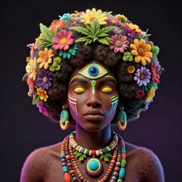 an african marijuanna!! shaman with an afro made of flowers, third eye art art by machina infinitum, complexity from simplicity, rendered in octane, mandelbulb 3 d, ambient occlusion, macro photography, felt!!! texture, tribal, neon! retrowave