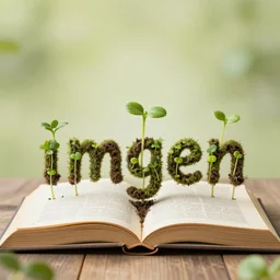 sprouts in the shape of text'imagen'coming out of a fairytale book.